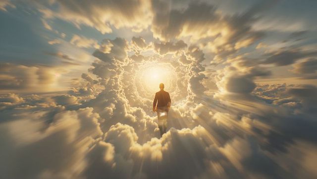 Silhouetted businessman walking through golden cloud tunnel toward radiant sunlight