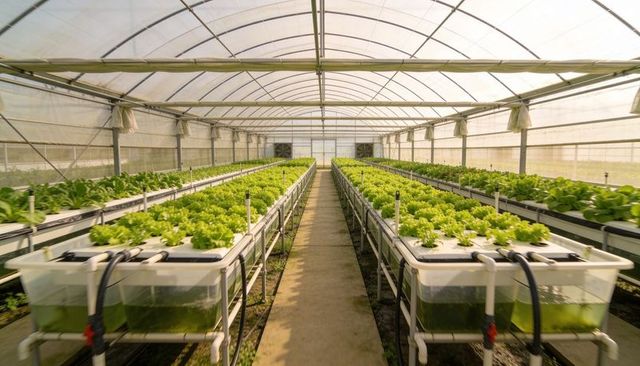 Hydroponic greenhouse growing rows of lettuce in nutrient troughs along central walkway