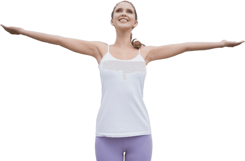 Caucasian Woman Stretching Arms Out on Transparent Background