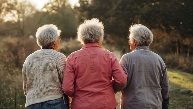 Three senior women walking arm-in-arm on meadow trail at golden hour, friendship concept