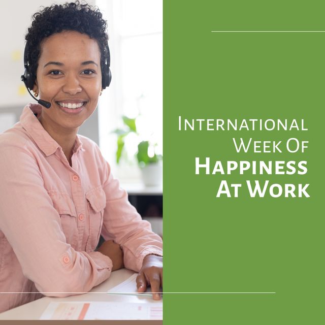 Portrait of biracial young female tele caller, international week of happiness at work text - Download Free Stock Videos Pikwizard.com