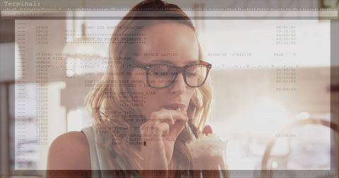 Digital Interface Overlay with Woman Enjoying Coffee