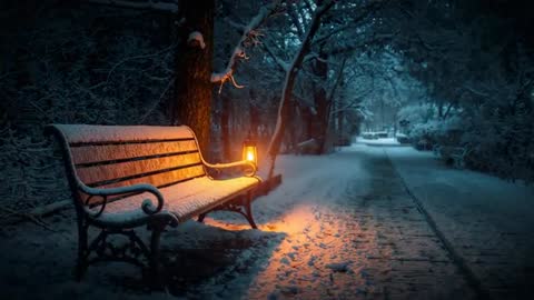 Park Bench in Snow with Glowing Lantern Capturing Serene Winter Night