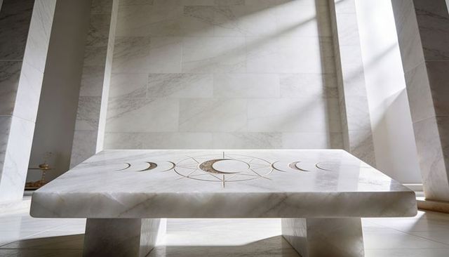 Minimalist marble altar with moon phase inlay and geometric brass accent, serene interior