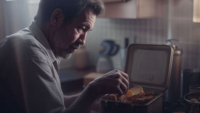 Middle-aged man inspecting lunchbox of broken biscotti in sunlit cozy kitchen