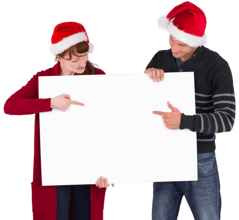 Festive Couple Holding White Banner for Holiday Promotions