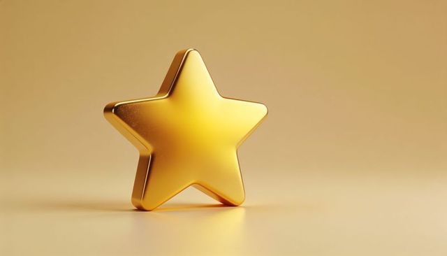 Polished gold star standing on smooth tabletop warm gradient minimal metallic reflective