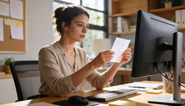 Woman examining handwritten note at modern office desk with computer, sticky notes, focus