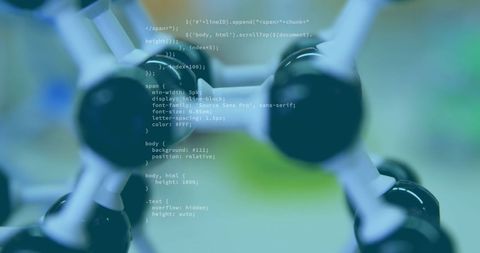 Code overlay with molecular structure in scientific theme