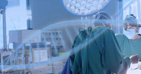 Surgical team performing operation with dna overlay highlighting genomic precision medicine