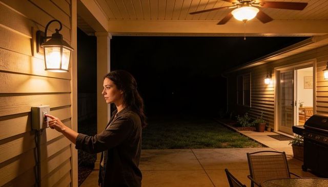Woman pressing smart doorbell on lit backyard patio at night, outdoor home security
