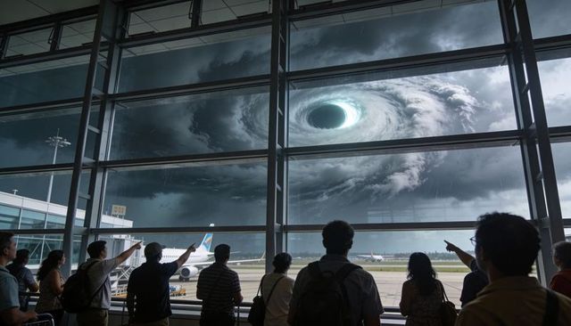 Passengers filming massive storm vortex at airport gate while planes waiting on runway