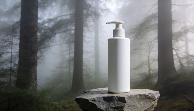 Minimal white pump bottle on mossy stone in misty forest for natural skincare branding