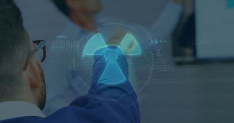 Executive engaging with ar radiation symbol in modern boardroom