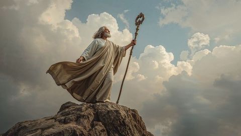 Majestic elderly moses figure holding staff standing firm on mountain cliff