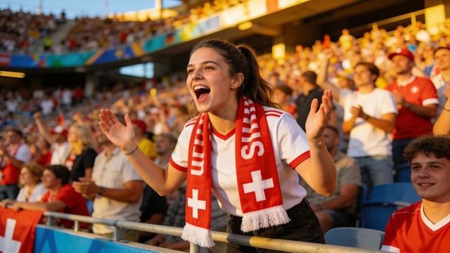 Female fan cheering with swiss scarf in packed stadium at golden hour