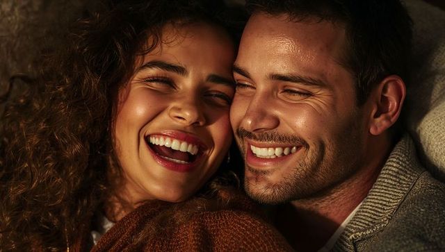 Laughing couple cuddling on sofa closeup warm cozy intimate romantic moment in golden light