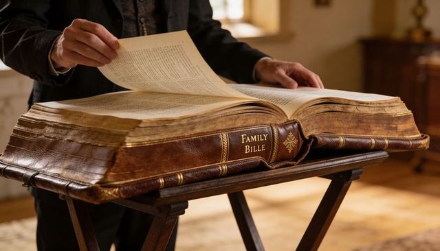 Turning pages of antique family bible on wooden lectern, hands guiding heritage volume