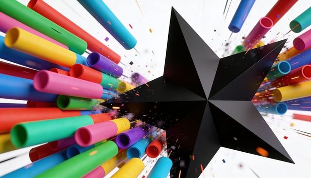 Faceted black star exploding into neon cylinder burst with colorful tubes and motion sparks