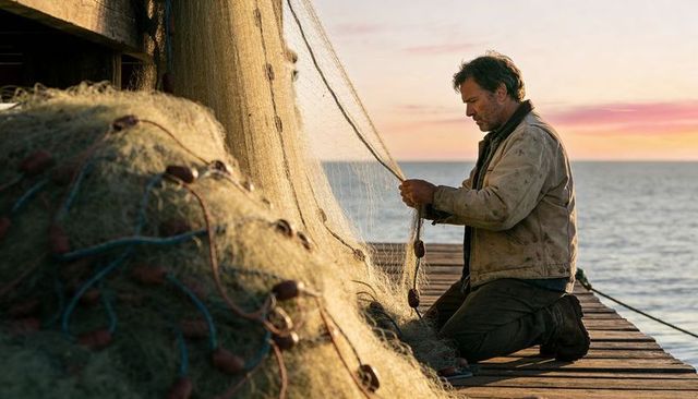 Kneeling fisher mending tangled net on wooden pier at sunset, coastal fishing repair