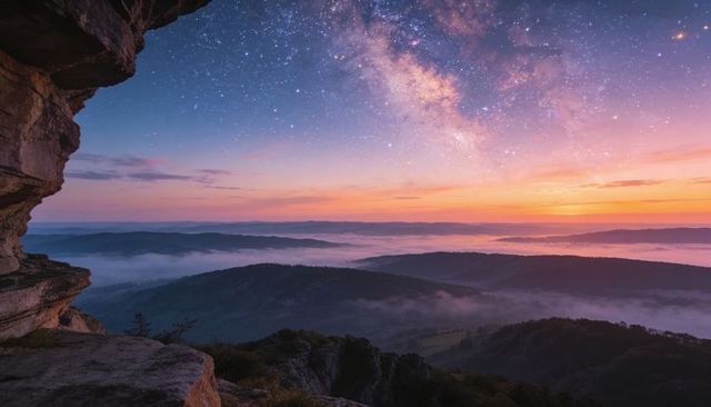 Milky way rising over fog-filled mountain valley framed by rocky ledge at sunrise panorama