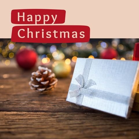 Festive happy christmas greeting with gift and pinecone
