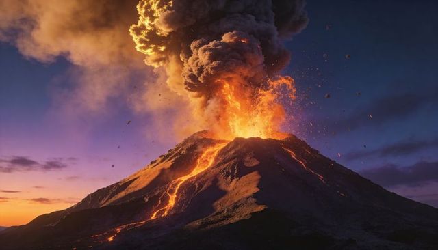 Volcano erupting at twilight with towering ash plume and molten lava flows