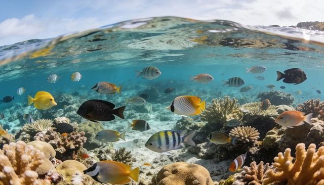Colorful tropical reef fish swimming over vibrant coral garden in shallow sunlit water