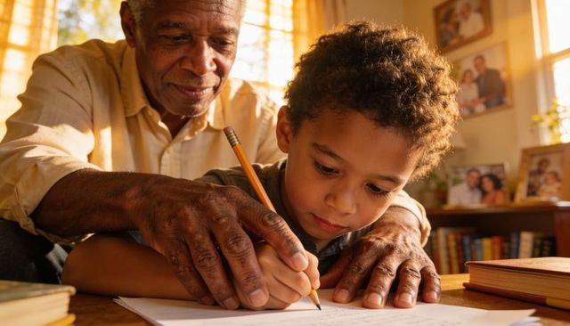 Grandfather guiding grandson writing homework in warm sunlit home tutoring bonding