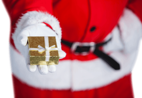Santa claus offering golden gift inside transparent box