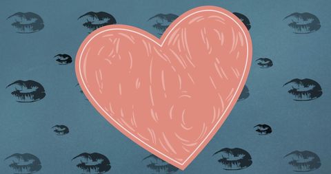 Pink Heart with Lip Icons on Blue Patterned Background
