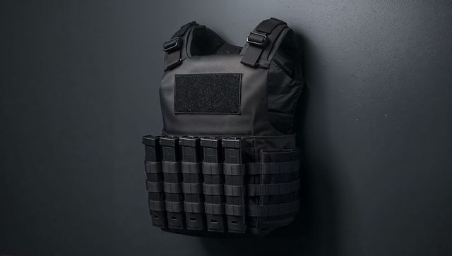 Black tactical plate carrier vest with magazine pouches