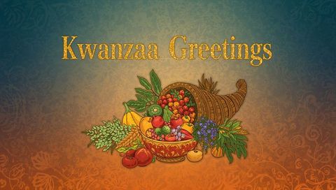 Kwanzaa greetings cornucopia celebrating harvest bounty with ornate fruit bowl and damask backdrop