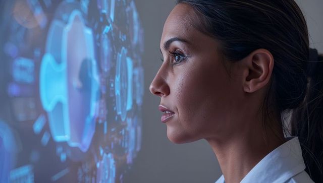 Woman researcher studying holographic circular interface projected on lab wall
