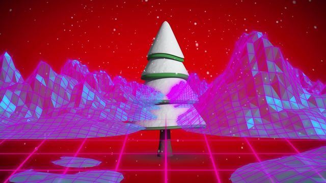 This digital animation features snow falling on a revolving fir tree against a futuristic, neon-colored grid background. The animation is versatile with the alpha channel, which allows it to be superimposed on various video footage. Ideal for holiday-themed videos, Christmas animations, futuristic winter scenes, and abstract art projects.