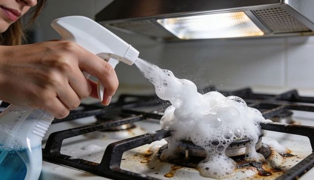 Woman spraying foam cleaner on greasy gas burner for kitchen deep cleaning and degreasing