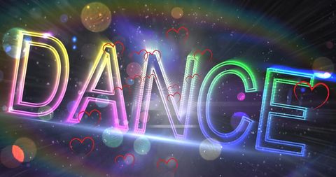 Neon dance text with hearts and light effects