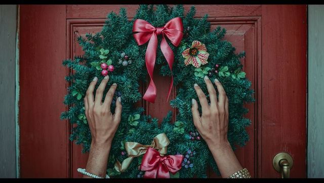 Hands Decorating Christmas Wreath on Red Wooden Door