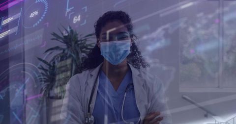 Masked female doctor in clinic with digital technology overlay