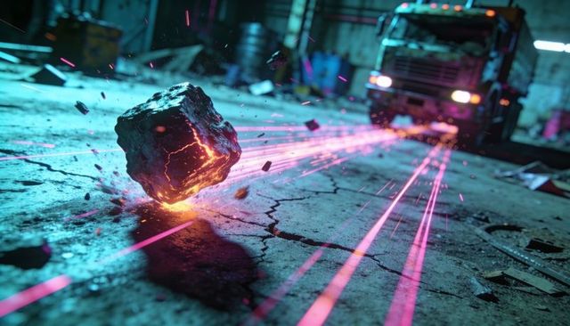 Levitating molten rock sparking over cracked garage floor with neon magenta laser trails