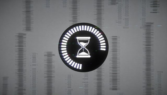 Glitch hourglass countdown interface circular progress ring and barcode data background