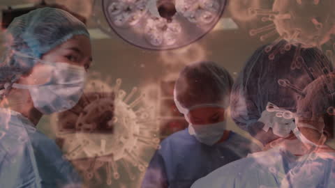 Medical Team in Operating Room Overlay with Virus Cells