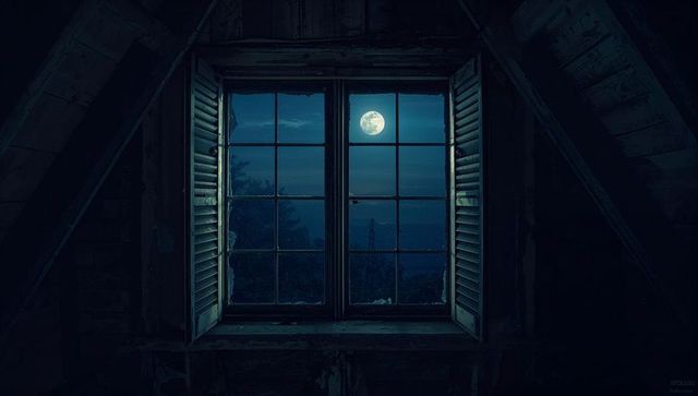 Moonlit Attic Window View with Vintage Ambiance