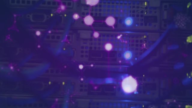 Abstract animation shows floating molecules over network servers with vibrant lights. Ideal for illustrating concepts in data processing, network technology, IT infrastructure, and futuristic digital environments. Great for tech-related presentations, educational videos, and promotional materials.