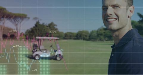 Smiling man in golf polo overlaid with graphs on golf course