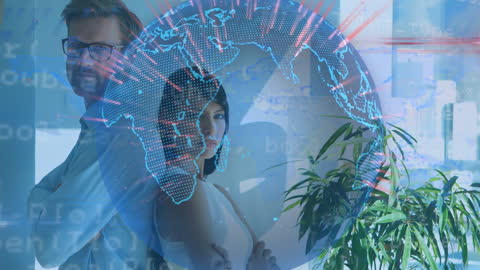 Colleagues Collaborating with Digital World Connectivity