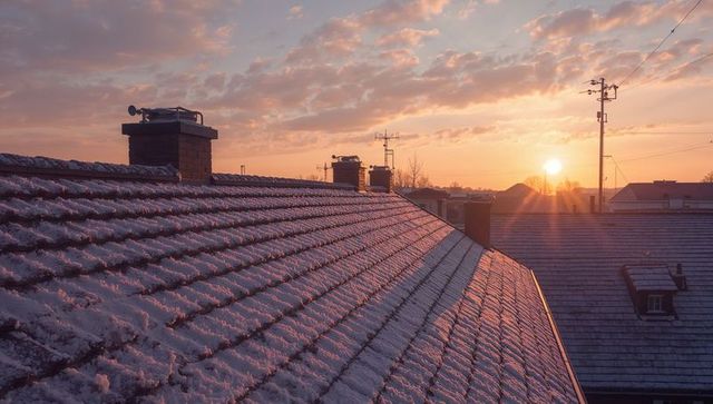 Sunrise reflecting on snow-dusted tiled roof with chimneys, antennas and power lines