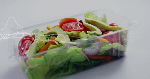 Fresh salad in clear plastic clamshell holding avocado tomato lettuce on white countertop