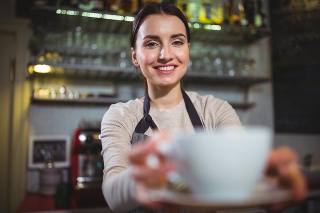 Waitress serving a cup of coffee with a smile in a cozy cafe. Ideal for use in hospitality industry promotions, customer service training materials, coffee shop advertisements, and small business marketing.