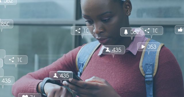 Young woman standing outside using a smartphone, surrounded by social media notifications. Concept image for social media engagement, online interactions, digital communication, technology in daily life, and youth connectivity. Ideal for use in articles, advertisements, and educational content about social media usage, mobile apps, and modern communication trends.